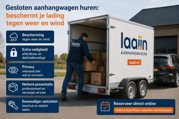 Een marketingafbeelding van Laaiin Aanhangwagens waarop een man dozen in een witte, gesloten aanhanger laadt, met links in blauwe vlakken de voordelen en rechtsonder een knop om direct online te reserveren.