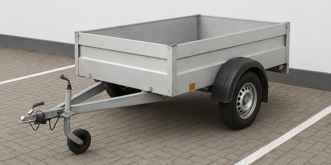 voordelen-van-online-aanhanger-reserveren-bij-laaiin-aanhangwagens Een lege, metalen ongeremde aanhangwagen geparkeerd op een klinkerbestrating tegen een witte muur
