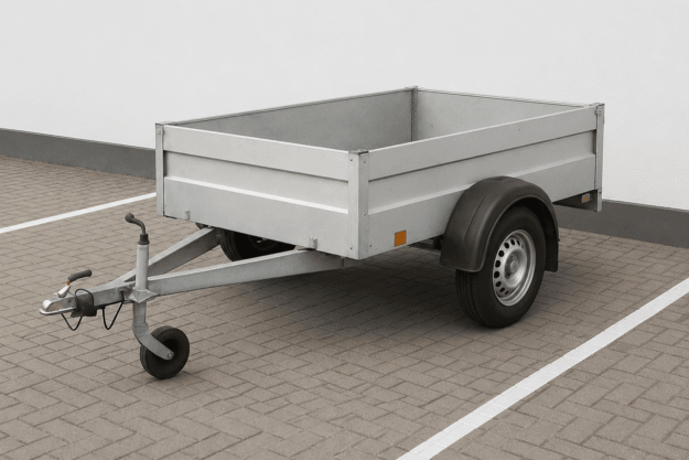 voordelen-van-online-aanhanger-reserveren-bij-laaiin-aanhangwagens Een lege, metalen ongeremde aanhangwagen geparkeerd op een klinkerbestrating tegen een witte muur